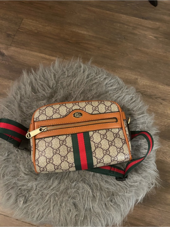 Handbags - Canvas Web Stripe Crossbody Bag in Beige/Tan with Red & Green